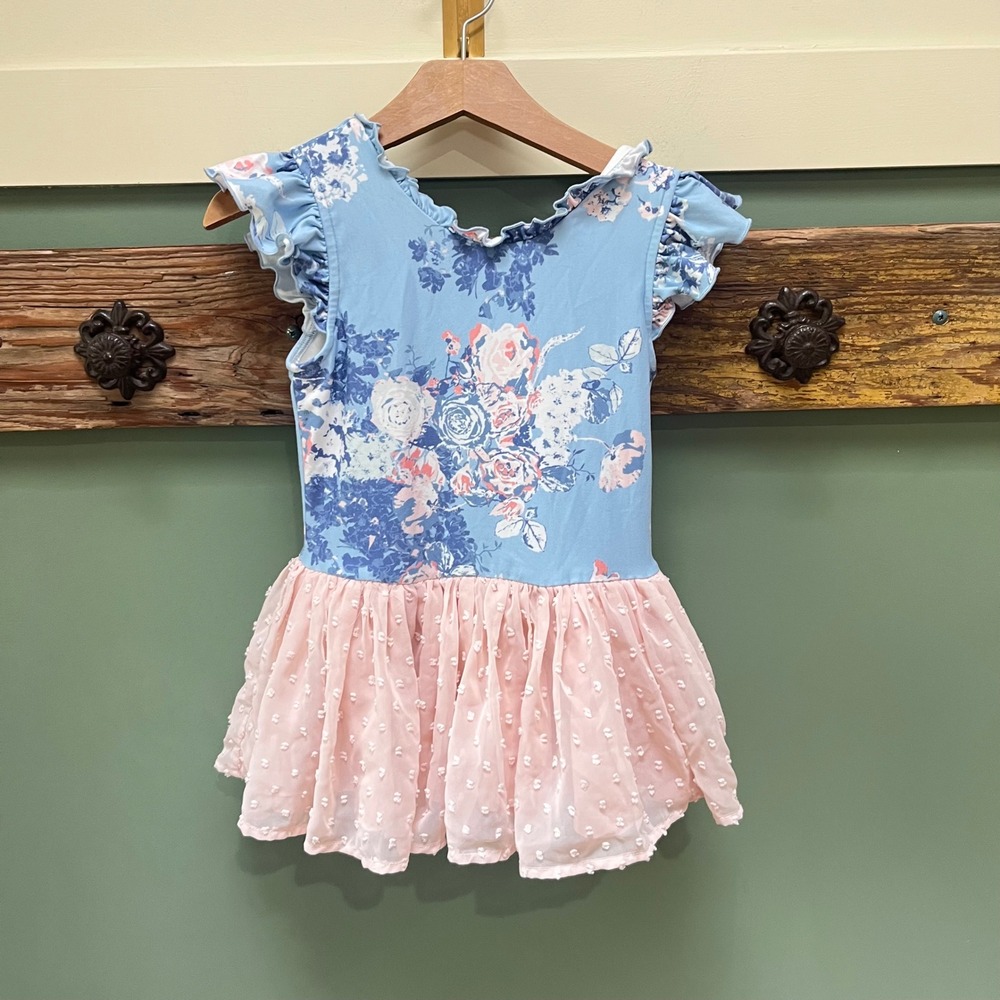 Cheeky Plum Girls Blue Floral Swiss Dot Tulle Leotard Dance Ballet Size 7Y